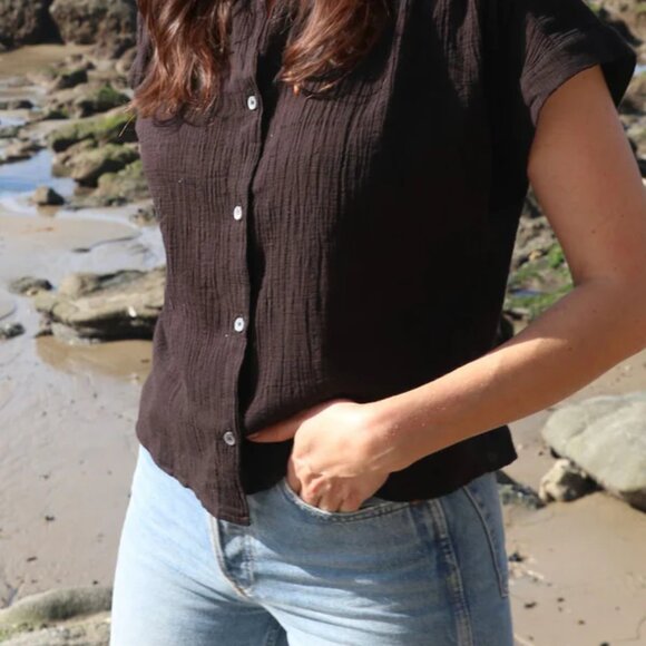 FELICITE Short Sleeve Shirt Check Cotton- Brown size small (1) - Picture 2 of 2